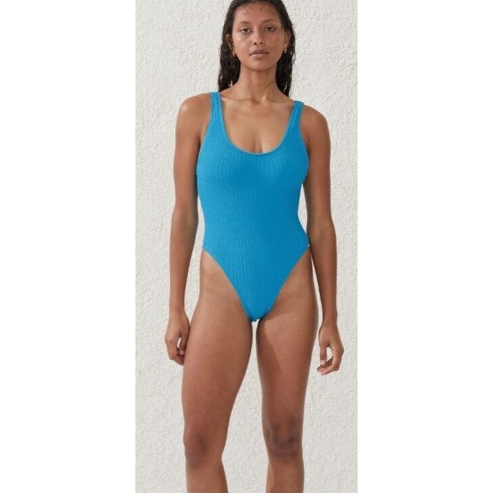 NWT Cotton On Body Scoop Back Crinkle One Piece Cheeky Swim Juniors Medium Blue